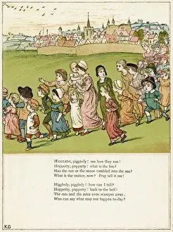 Alarmed Prints: Adults and children running from a village