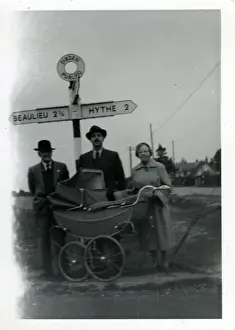 With Prints: Adults With Vintage Pram at Road Sign, Dibden Purlieu, Hamps