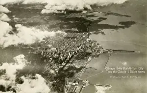 Skyscrapers Prints: Aerial View of the 1933 Chicago Worlds Fair site and city