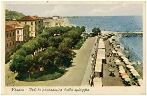 Aerial view of the beach and sea front, Pesaro, Italy