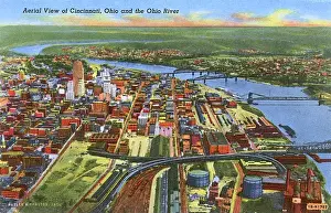 Cincinnati Prints: Aerial view, Cincinnati and Ohio River, Ohio, USA