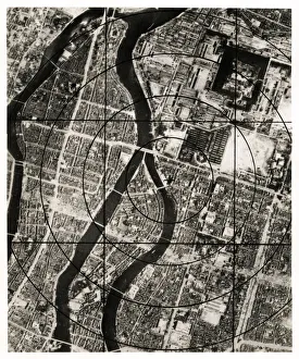 Aerial view of the city of Hiroshima, Japan, atom bomb 1945