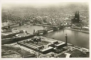 Rhine Prints: Aerial View of Cologne, Germany, featuring the Hohenzollern Bridge over the River Rhine