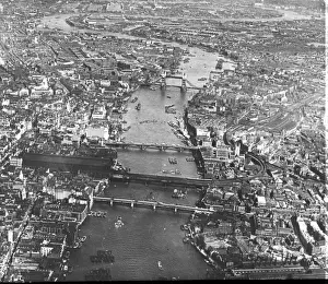 An aerial view of the River Thames looking east