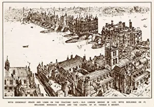 Southwark Prints: An aerial view of Southwark and the Old London Bridge in 1600. Date: 1600