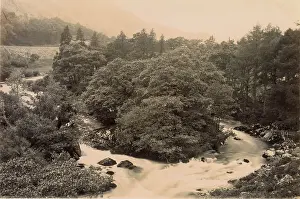 Bend Prints: Aerial view with trees and river, North Wales Date: circa 1889