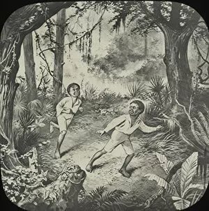 Two African-American boys run through a wood