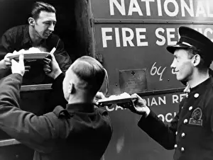 Donated Prints: AFS firefighters being served from mobile kitchen, WW2