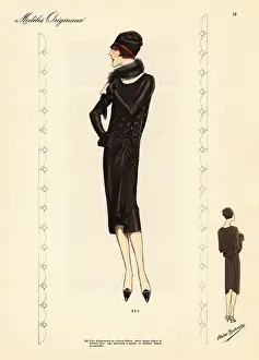 Fashion Magazine Prints: Afternoon dress in black velvet chiffon adorned with galloons an