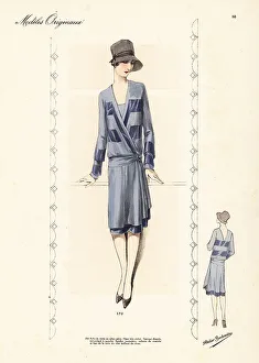 Haute Couture Prints: Afternoon dress of blue satin crepe with cross-over top. Grey ha
