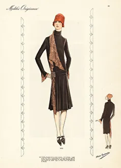 Afternoon dress of crepe roma, orange cloche hat