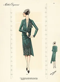 Afternoon dress of green veloutine and grey cloche hat