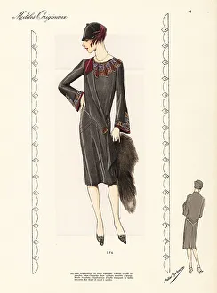 Afternoon dress of grey Moroccan crepe, cloche hat with feather