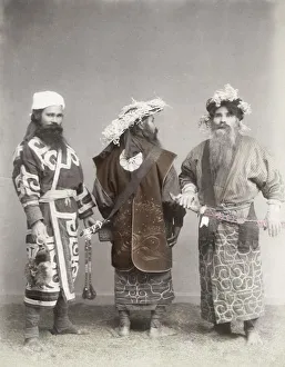 Armor Prints: Ainu men with swords in a studio setting, Japan