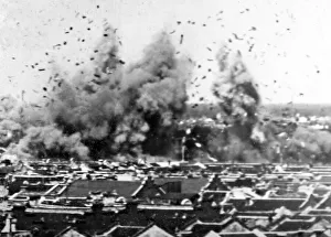 Air raid damage in Shanghai, China, probably 1937