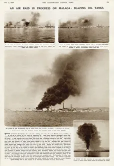 An air raid in progress on Malaga: blazing oil tanks