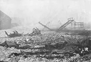 Airship Crash Site with Wreckage in a Field with Snow