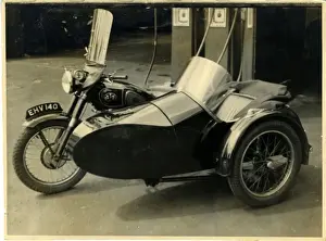 Sidecar Prints: AJS / A J Stevens British Motorcycle & Sidecar at a Garage, En