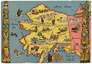 Arctic Prints: Alaska, America's Last Frontier, map, totem poles Date: 1946