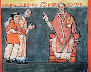 Alcuin Gallery: Alcuin of York (730-804). Alcuin presents to Rabanus Maurus