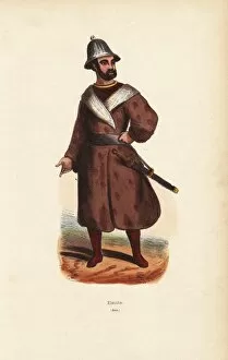 Aleutian man in helmet, long coat and boots