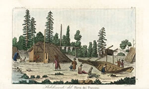 Aleutian Gallery: Aleutian natives building boats and drying fish at a village