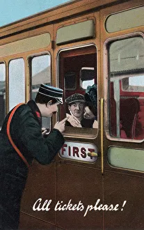 'All Tickets Please!' A British Rail Ticket Conductor interrupts a Romantic Moment in First Class. We will never know if they did have a Ticket to Ride, but she don't care... Date: circa 1909 All Tickets Please - Conductor interrupts a Romantic Moment