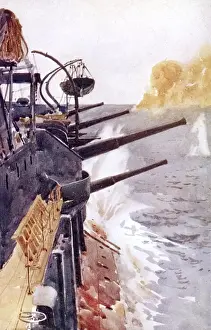 Bombarding Prints: Allied ship in action in the Dardanelles, Turkey, WW1