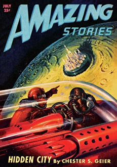 Sci Fi Magazine covers Collection: Amazing Stories Scifi Magazine Cover with Hidden Lunar City