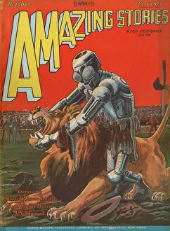 Fight Collection: Amazing Stories scifi magazine cover, Robot and lion