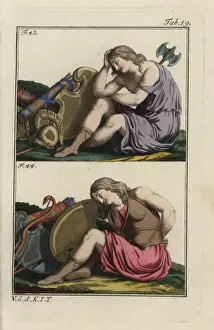 Two Amazons with shields and weapons, the one