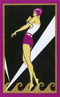 Searchlights Prints: American Art Deco Playing Card Back - Female bather (2)