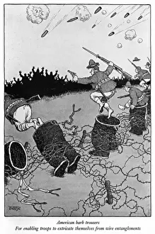 Barbed Prints: American barb trousers, WW1 cartoon, Heath Robinson