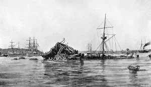 Antilles Prints: American battleship Maine after the explosion