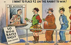 Dollars Prints: American cartoon, Scotsman placing a bet at the dog track