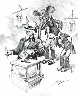 American election cartoon with Uncle Sam voting