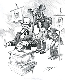 American election cartoon with Uncle Sam voting American election cartoon with Uncle Sam voting