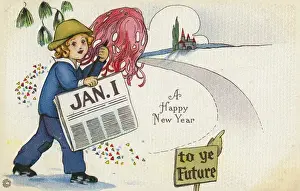 Striding Prints: American New Years Card - Young boy striding into the future