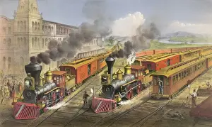American railroad scene: lightning express trains leaving th