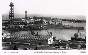 Barton Prints: American ships in harbour, Barcelona, Spain