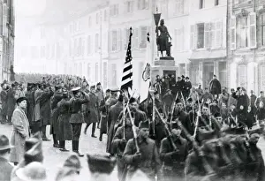 Neufchatel Prints: American troops marching through Neufchatel, WW1