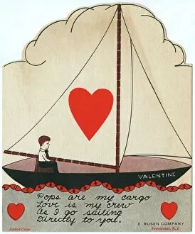 Valentines Collection: American Valentines Card - Boy sailing a yacht of love