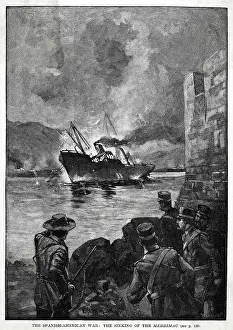 Santiago Prints: The American warship Merrimac is sunk at the entrance to Santiago harbour. Date: 1898