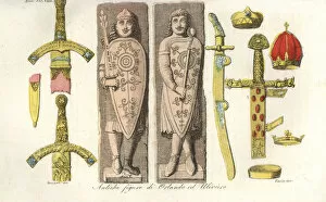 Ancient figures of Orlando and Oliver, crowns