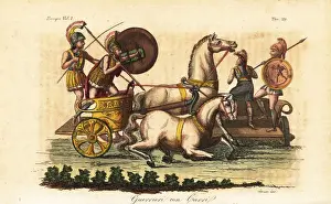 Ancient Greek warriors with painted shields riding a biga