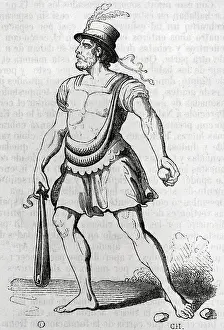 Projectile Prints: Ancient history. Majorcan slinger. Engraving, 1852