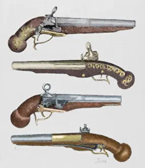 Ancient pistols. 18th century. Colored engraving