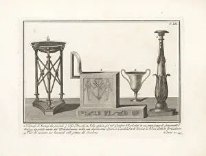 Ancient tripod, chair, candelabra and vase