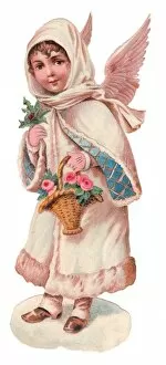 Angel with basket of flowers on a Victorian Christmas scrap