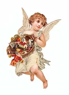 Images Dated 9th December 2015: Angel with basket of toys on a Victorian Christmas scrap